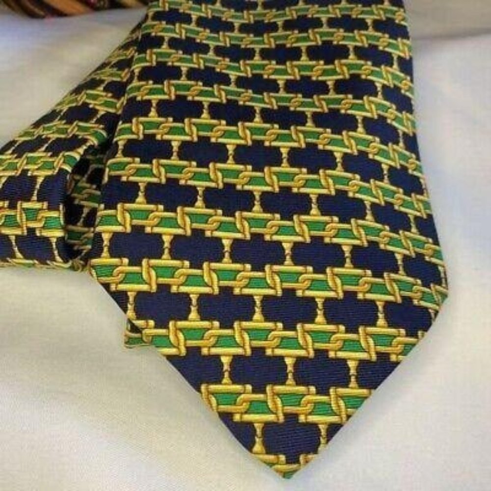 Burberrys Men Tie Blue Green Gold Chain Motif Neckwear